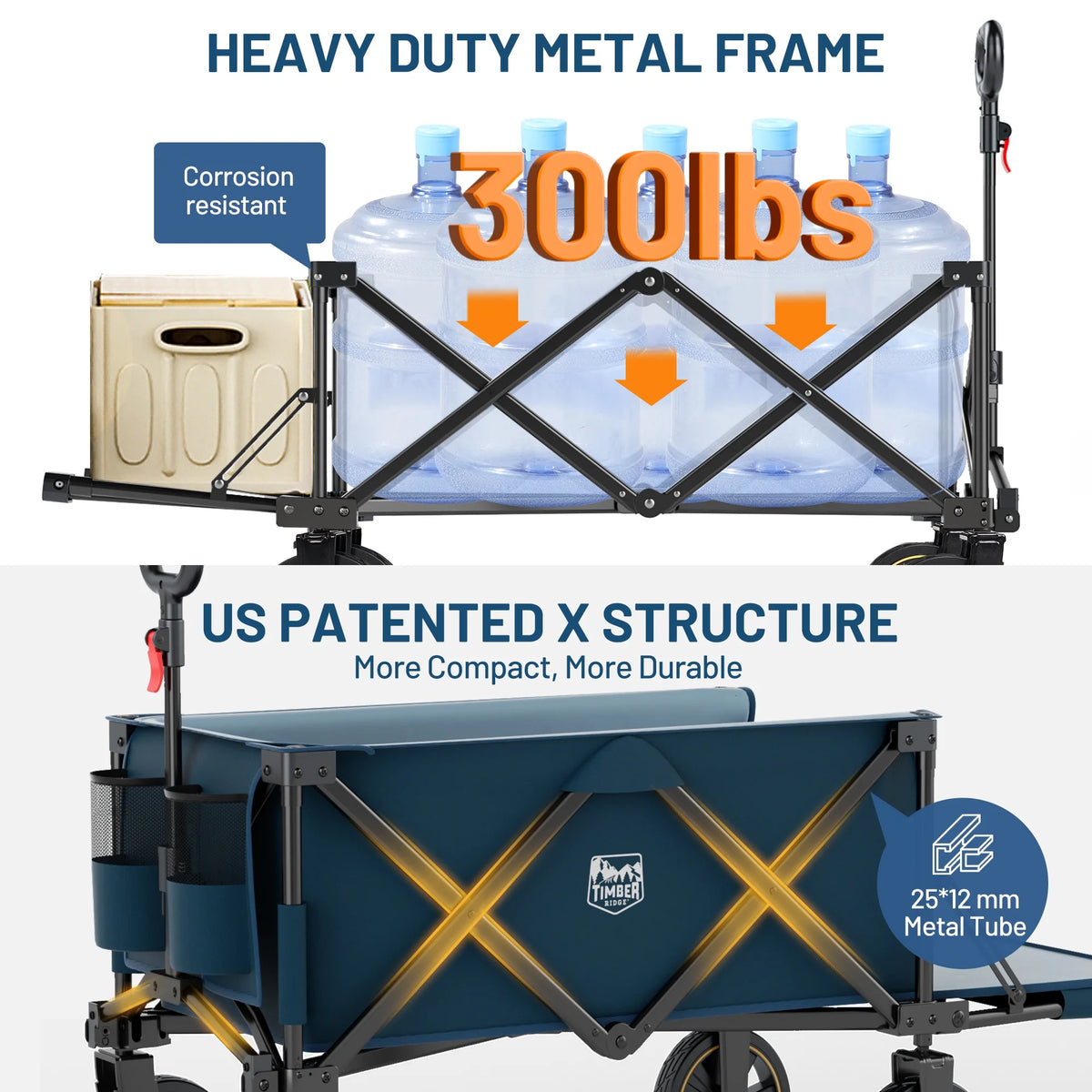 TIMBER RIDGE 250L Foldable Wagon with Tailgate and Brakes, 49" Extra Long Collapsible Heavy Duty 300 lbs Large Capacity Cart for Sports, Shopping, Camping, Blue