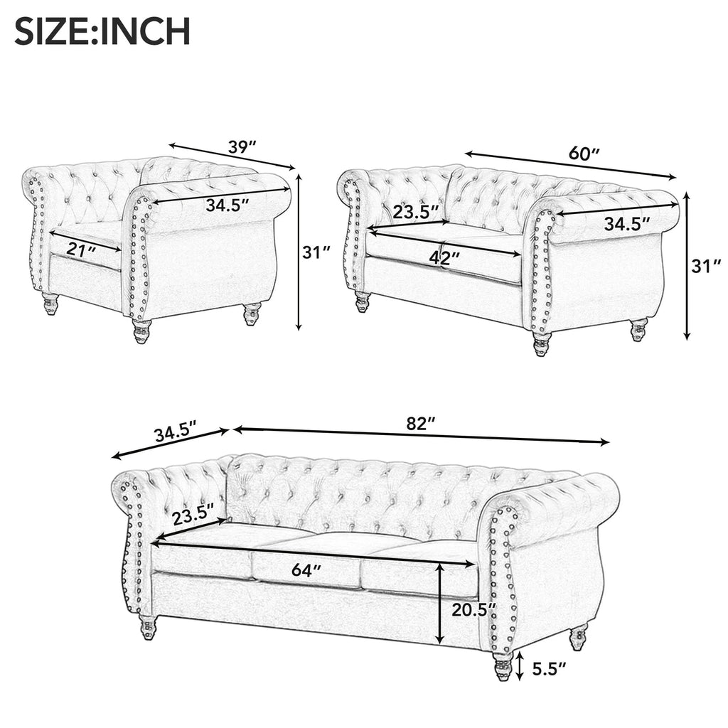 Classic 3 Seater Button Tufted Sofa, Upholstered Couch with Nailhead Rolled Arms Removable Cushions for Living Room Office Bedroom