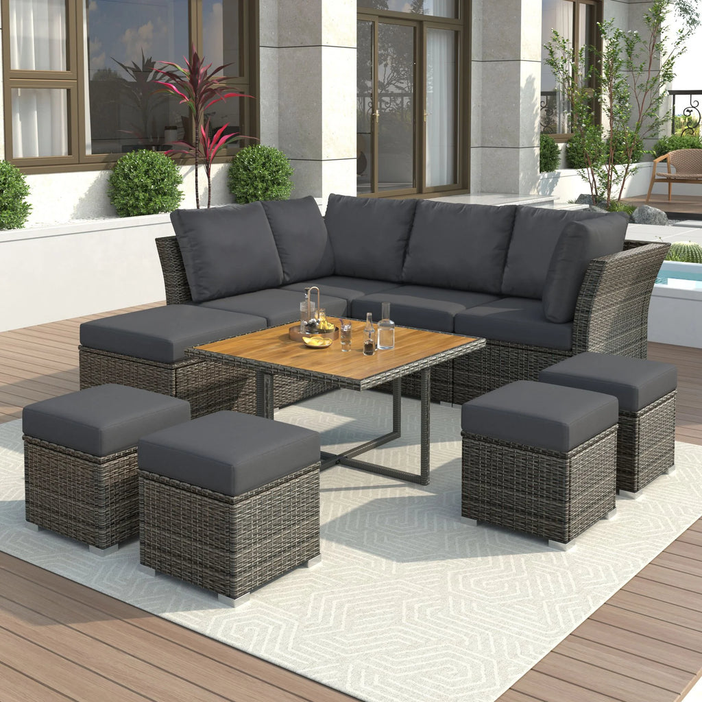 9 Pieces Outdoor Patio Furniture Set Outdoor Sectional Rattan Sofa Set Manual Wicker Patio Conversation Set with Ottomans, Solid Wood Coffee Table for Yard Deck Porch(Grey)