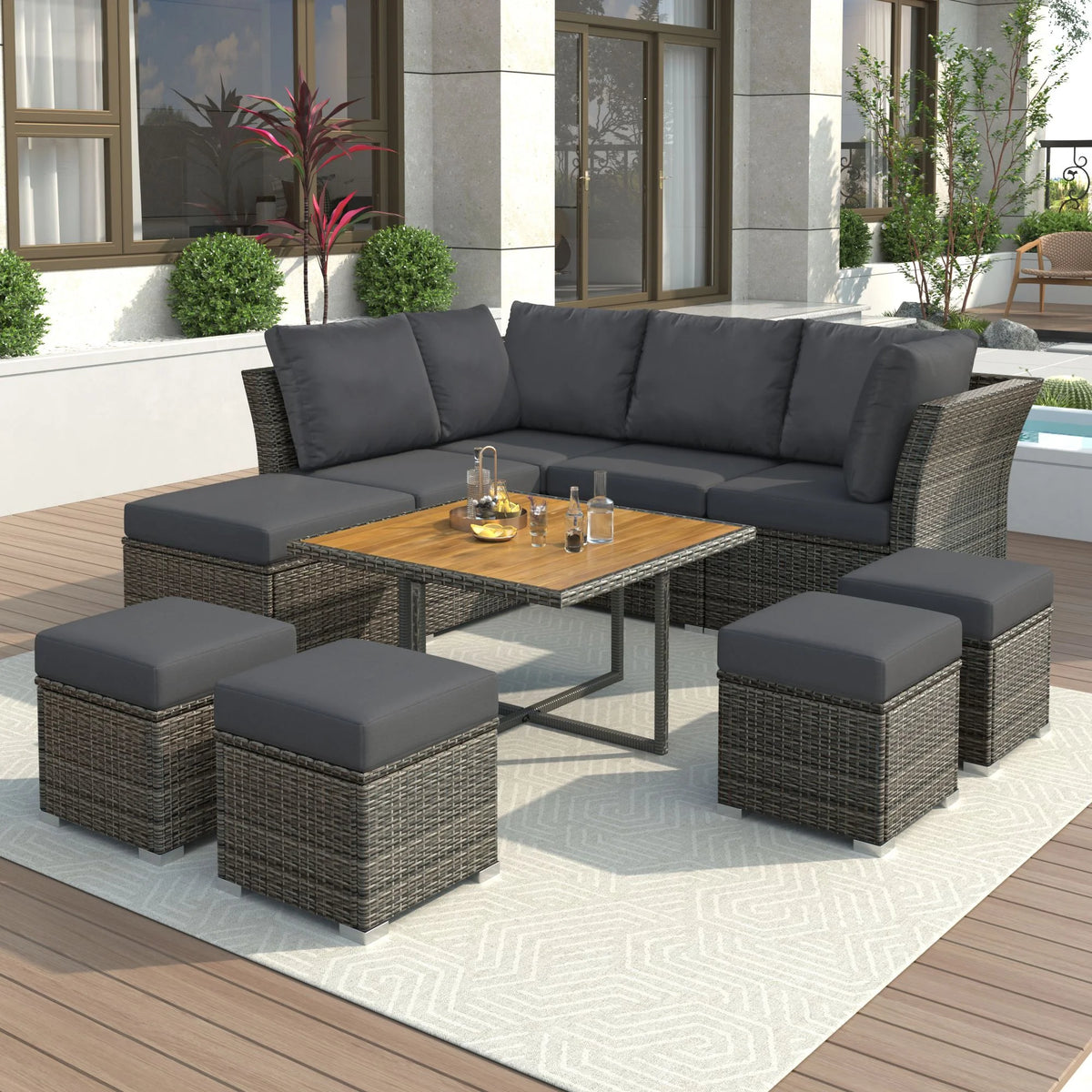 9 Pieces Outdoor Patio Furniture Set Outdoor Sectional Rattan Sofa Set Manual Wicker Patio Conversation Set with Ottomans, Solid Wood Coffee Table for Yard Deck Porch(Grey)
