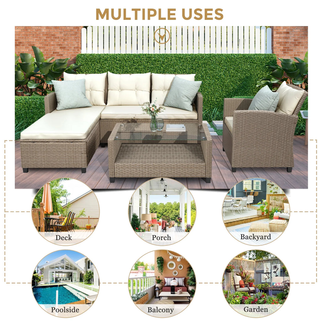 SEGMART 4 Piece Patio Furniture Set, All-Weather Outdoor Sectional Sofa Set, PE Rattan Conversation Set with Storage Box, Table & Cushions, Wicker Furniture Couch Set for Patio Deck Garden