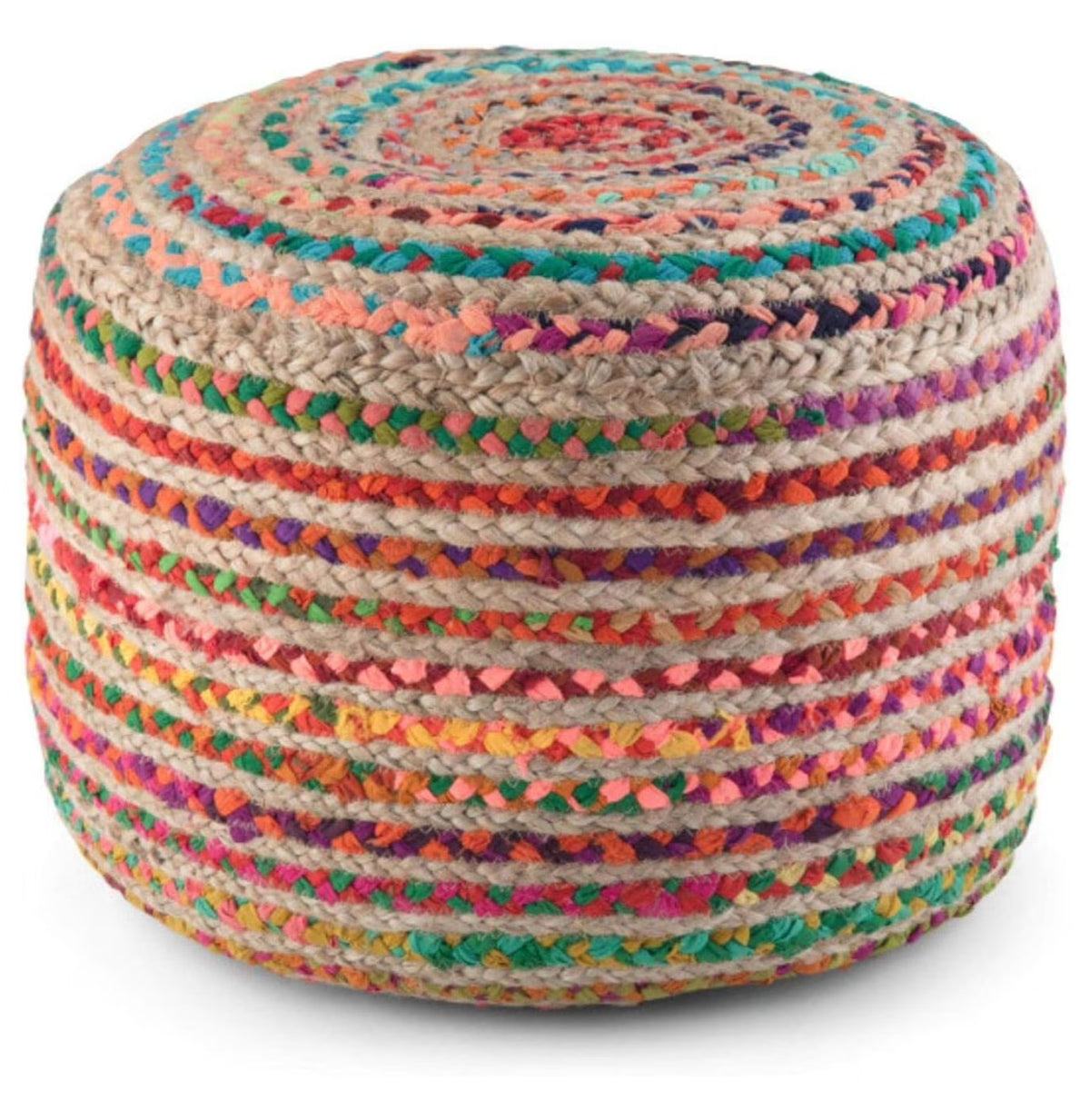 Exlonjet Margo 20 Inch Boho Round Pouf in Multi Color Braided Jute, For the Living Room, Bedroom and