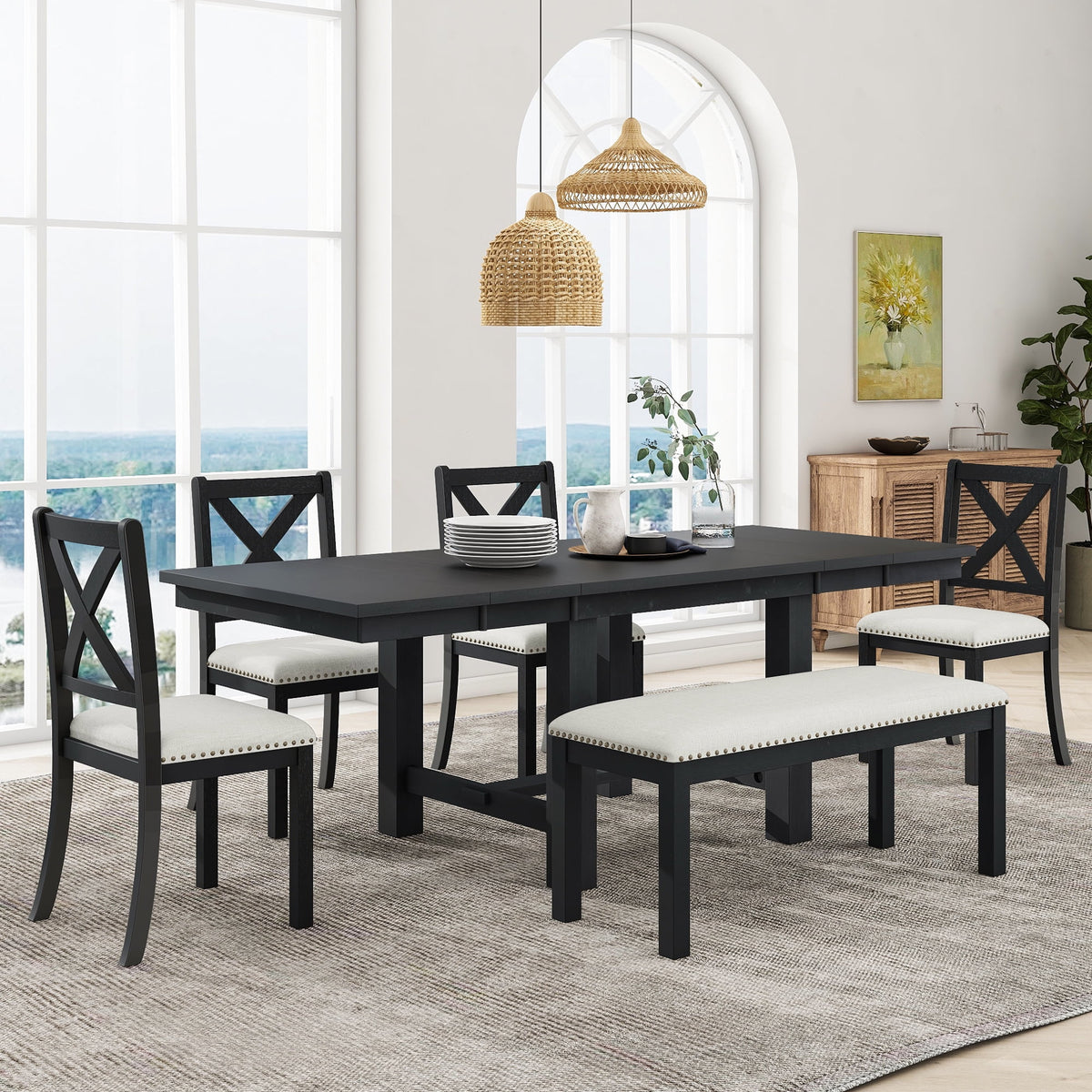 MODERNLUXE 82"Farmhouse 6PCS Dining Table Sets for 6,Solid Wood Dining Table Set with Extendable Table with Footrest and Two 11"Removable Leaf,4 Upholstered Chairs and Longer Upholstered Bench