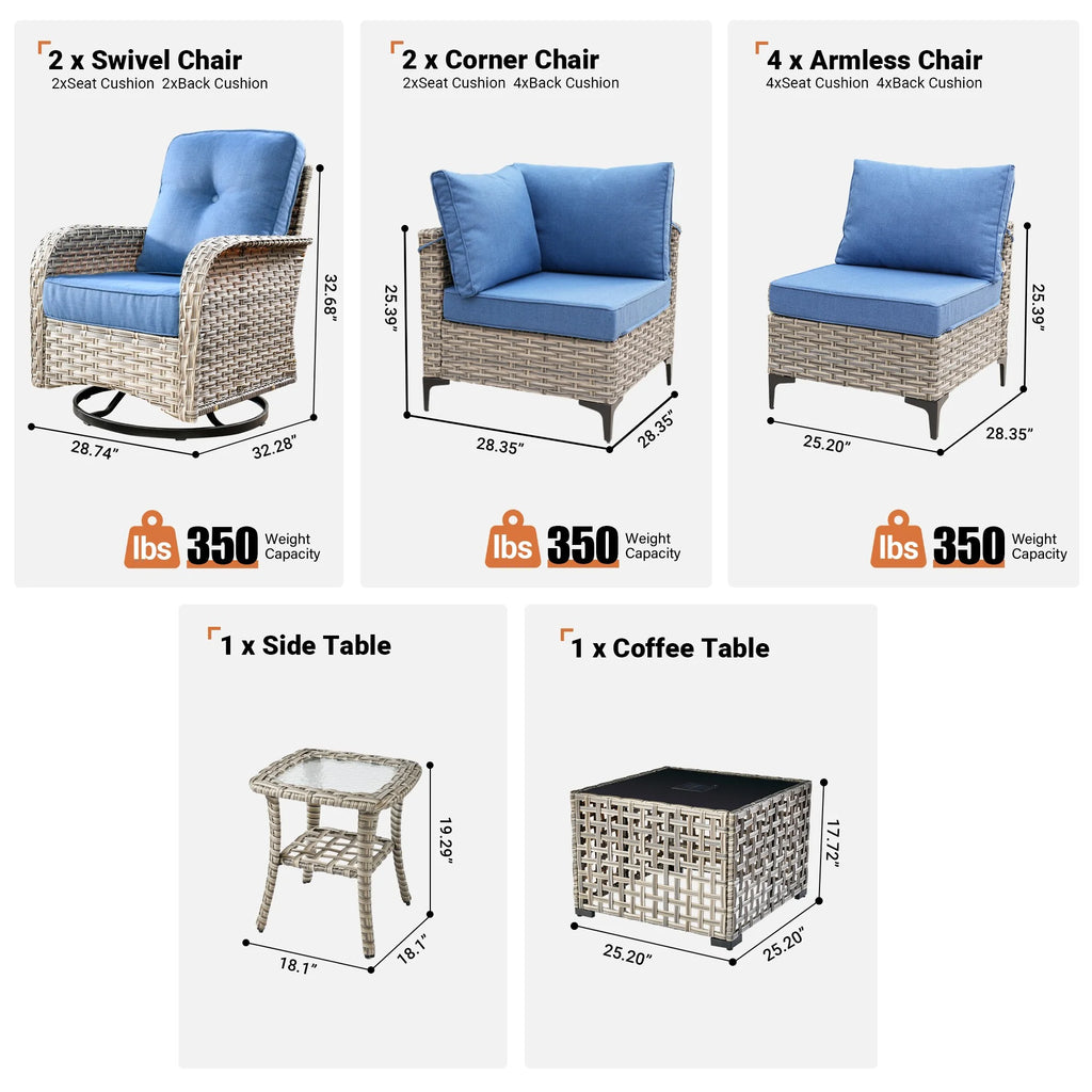 Vcatnet Outdoor Patio Furniture Sets 10 Pieces Sectional Sofa Wicker Conversation Set with Swivel Glider Chairs and Solar Powered Coffee Table for Porch,Backyard,Gray