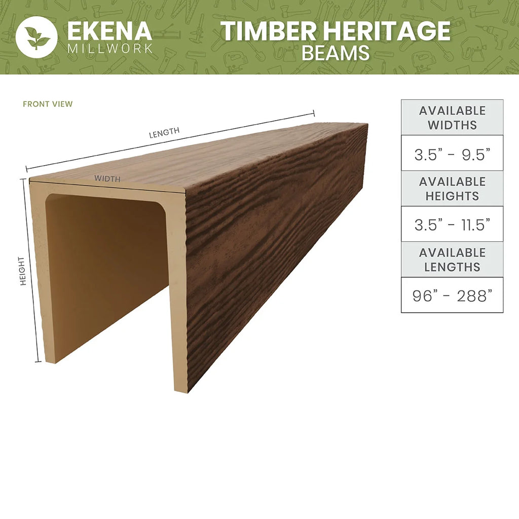 Ekena Millwork 3 1/2"W x 3 1/2"H x 120"L 3-Sided (U-Beam) Mena HeritageTimber Faux Wood Ceiling Beam, Kona Brown