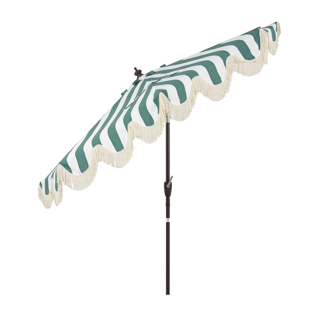 JONATHAN Y Beverly 9 ft. Half Market Patio Umbrella, Designer Classic Scalloped Fringe with Crank, Tilt Button and UV Protection, Blue/White/Cream, Dark Brown Pole