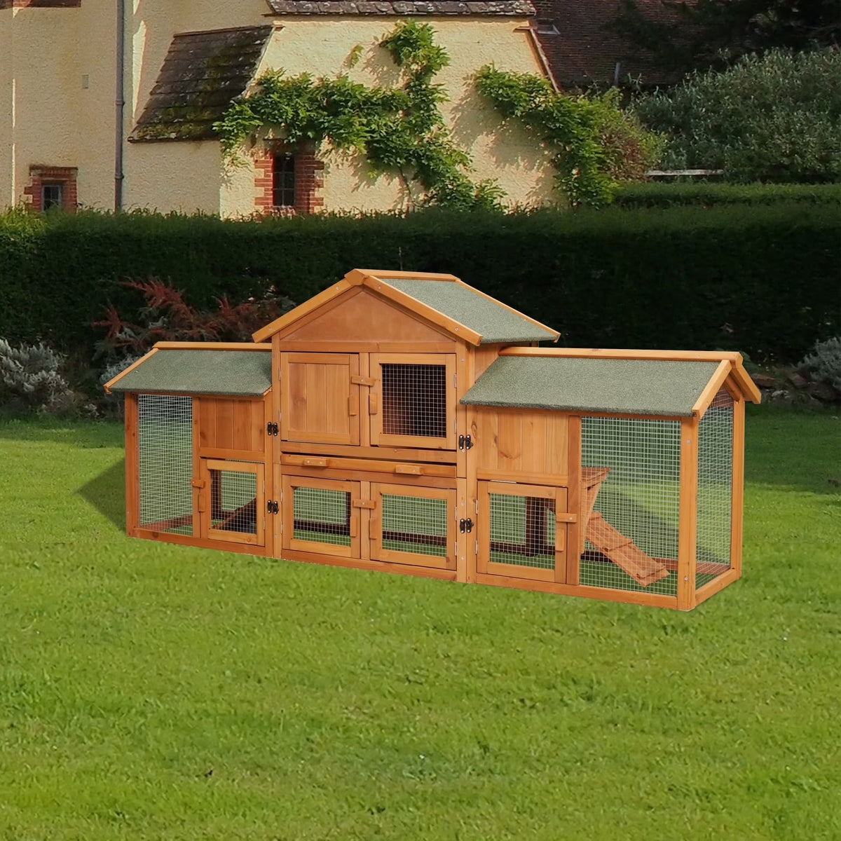 79.5 " Outdoor Poultry Cage, Large Wooden Bunny Cage Chicken Coop Hen House with 2 Runs, 2 Tier Waterproof Poultry Pen Enclosure for Rabbit Chicken Duck Small Animals