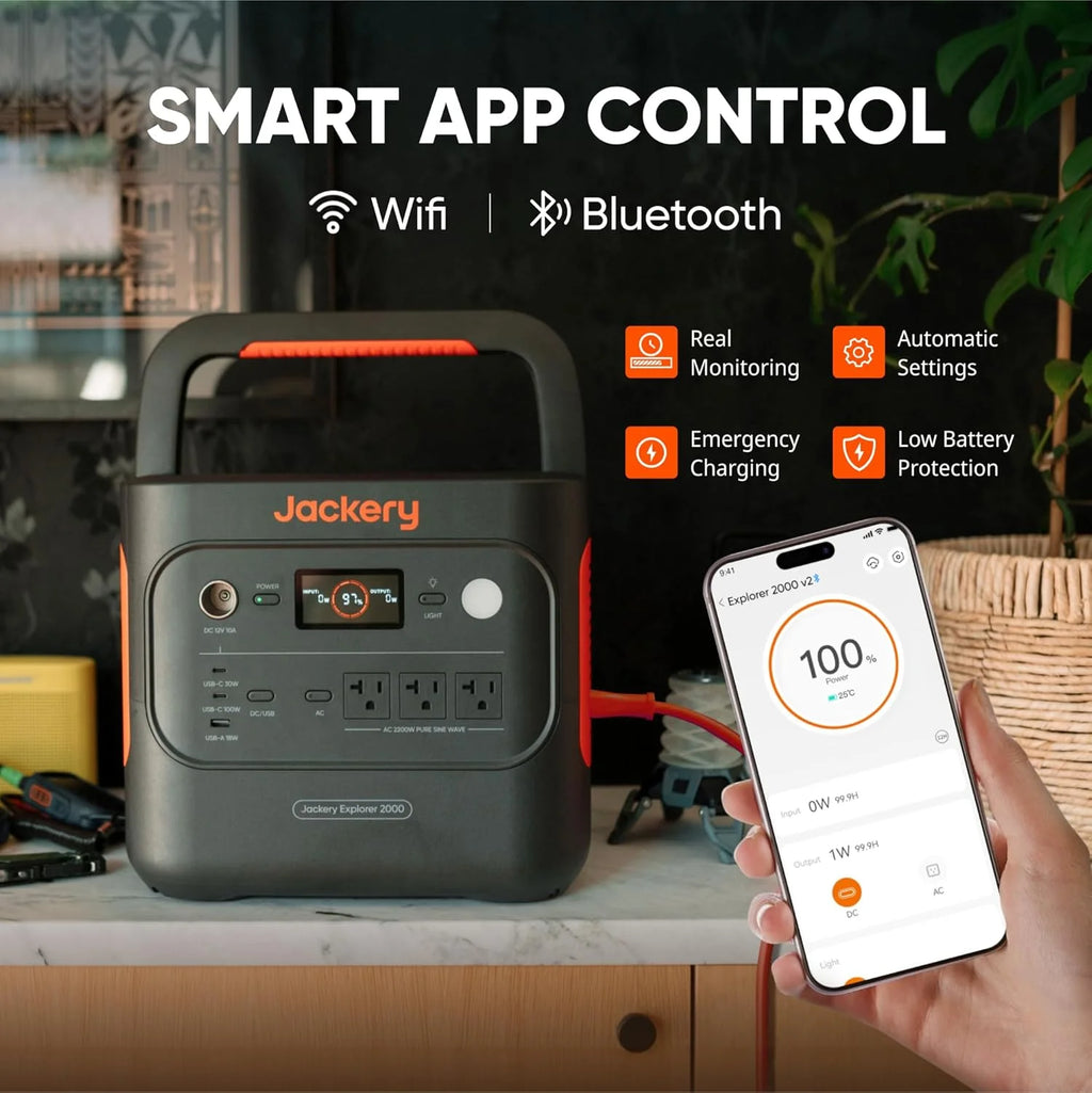 Jackery Explorer 2000 v2 Power Station and 100W Solar Panels, 2033Wh LiFePO4 Home Backup Battery, 2190W Solar Generator, USB-C PD 100W Fast Charging for Emergencies, Power Outages, Camping
