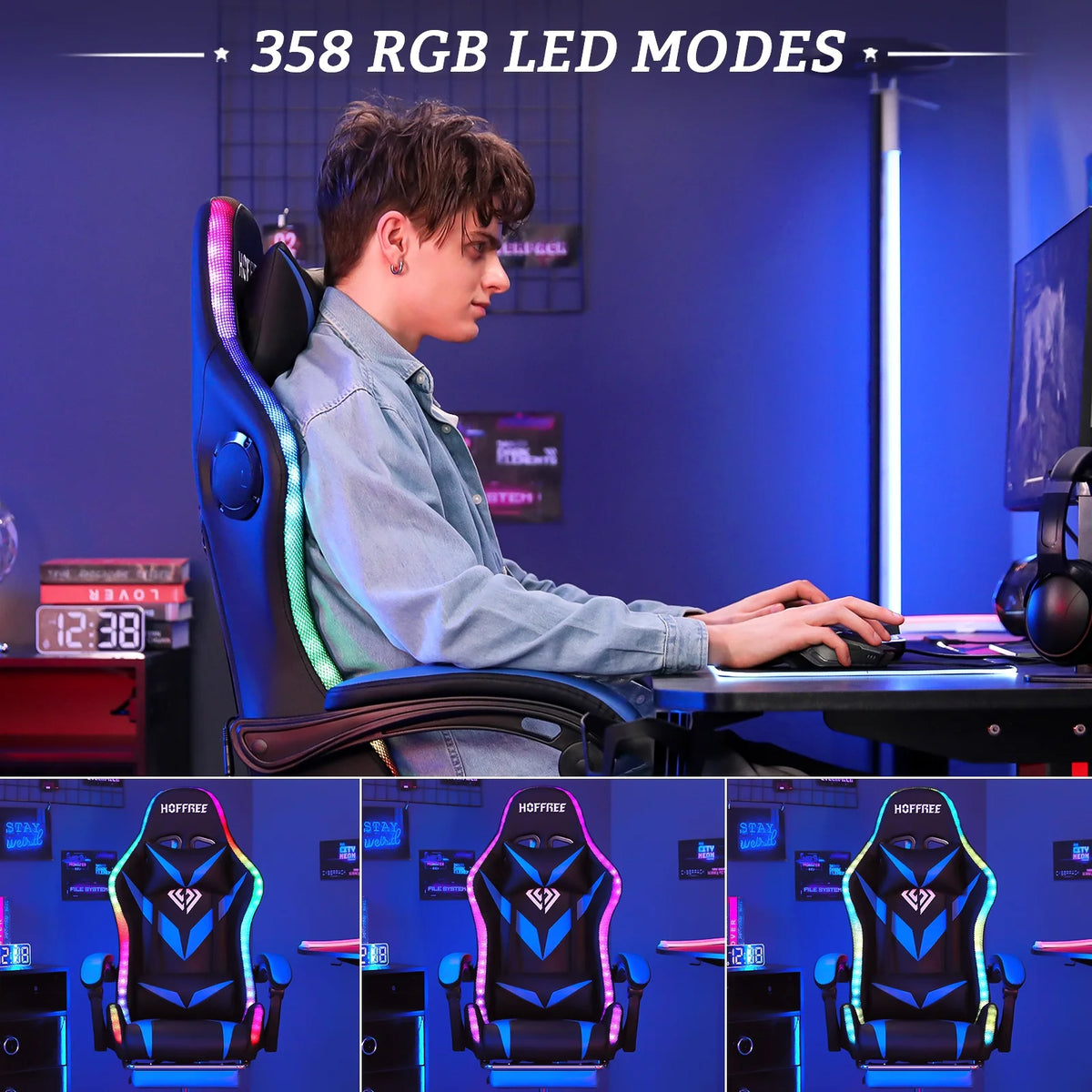 Hoffree Gaming Chair with Speakers PU Leather Office Chair with Footrest and LED Lights Ergonomic Gamer Chair with Massage Lumbar Support and Headrest Adjustable Swivel for Home Office 300lb