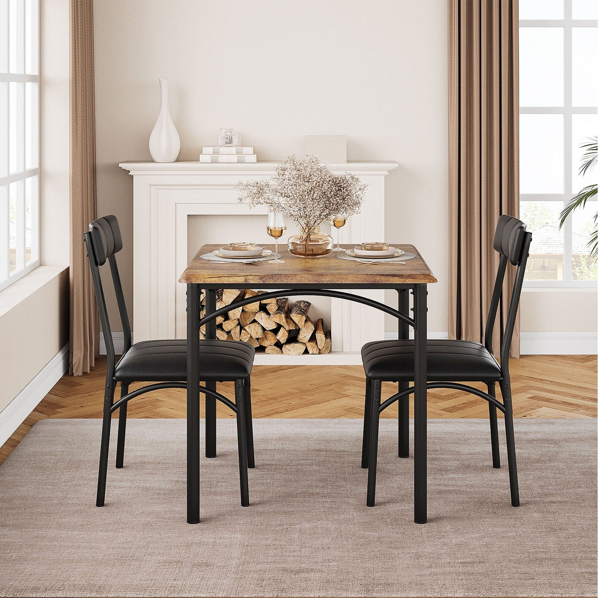 HOSSLLY 3-Piece Dining Table Sets with 2 Upholstered Chairs for Home Kitchen Small Space, Rustic Brown