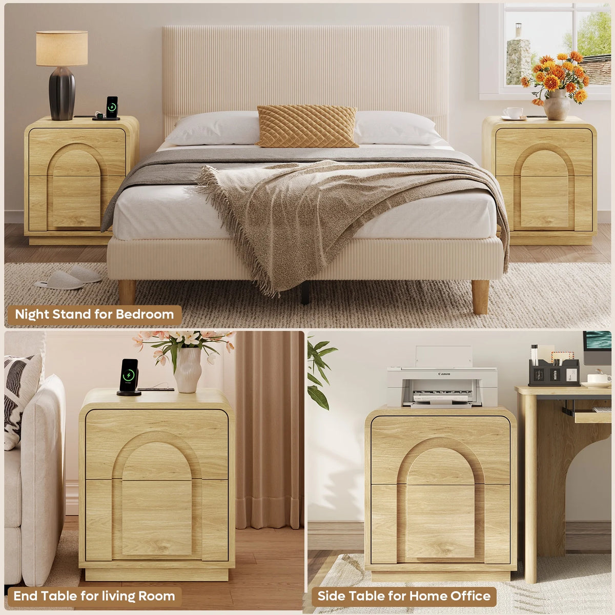 Bestier Nightstands Set of 2 with Charging Station, Modern Bedside Table End Table with Storage Drawer & Open Shelf for Bedroom Living Room Dorm Office, Natural