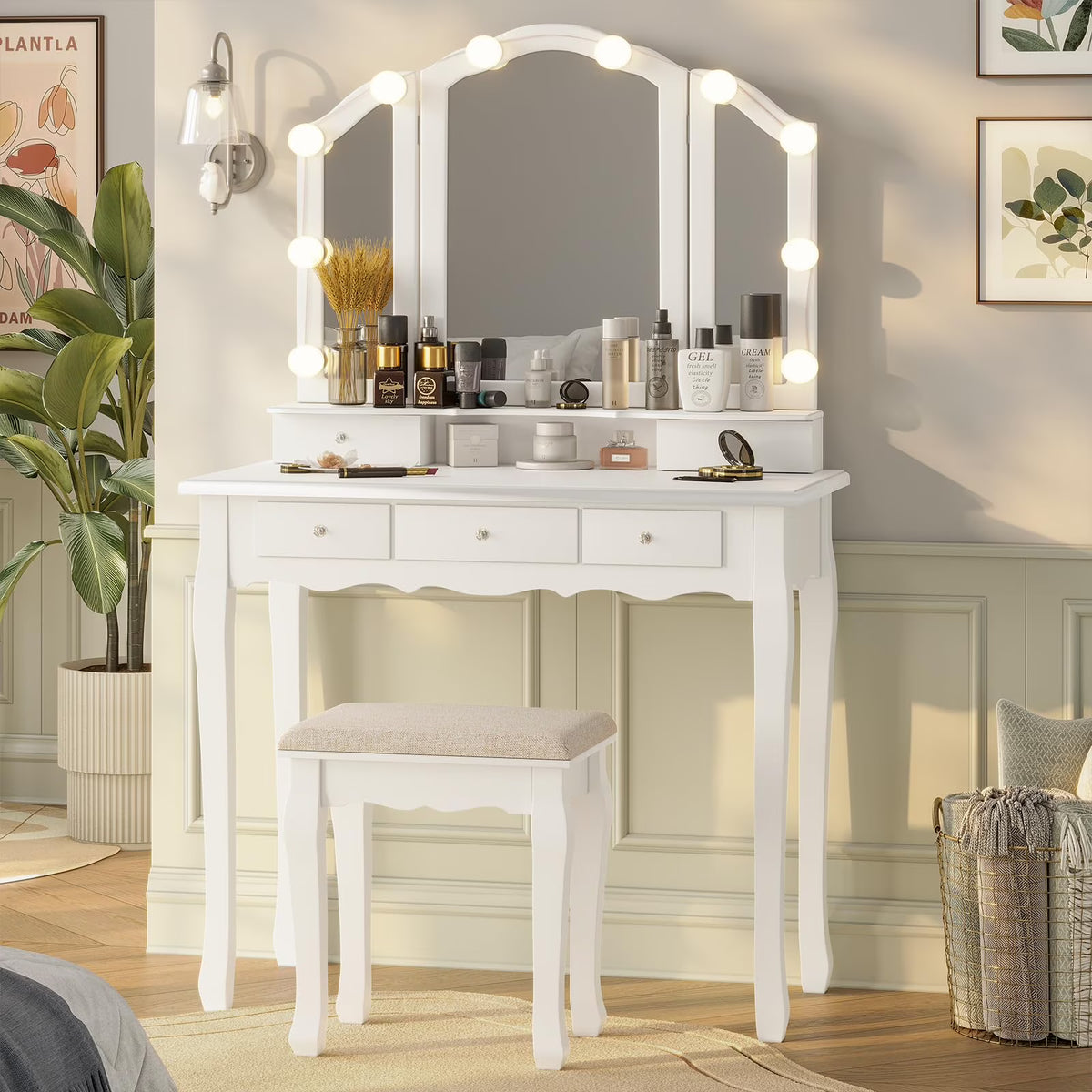 Afuhokles Vanity Table Set with Lighted Tri-Fold Mirror and Stool, Makeup Vanity Dressing Desk 5 Drawers, White