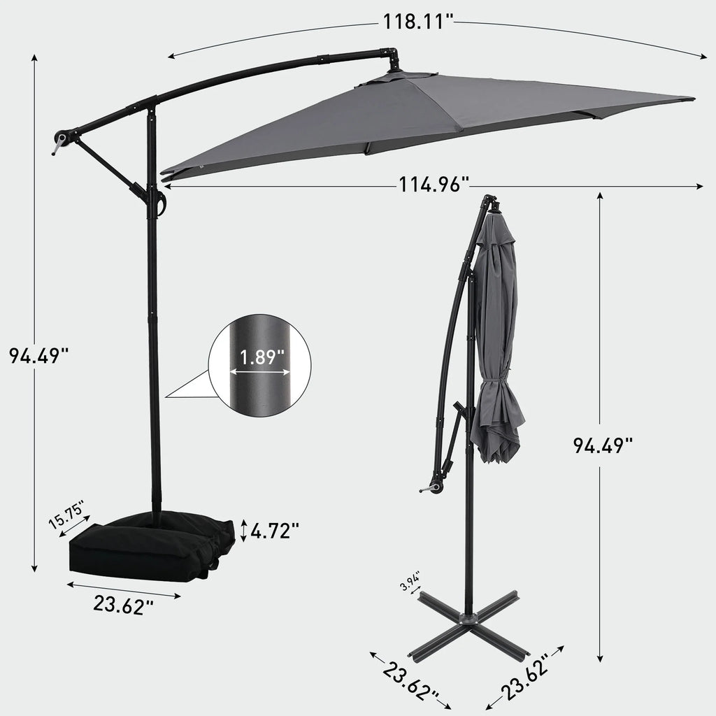 Ainfox 10ft Cantilever Patio Umbrella with Lights, Offset Market Umbrella with Sandbags Weighted Base and Cross Base,Khaki