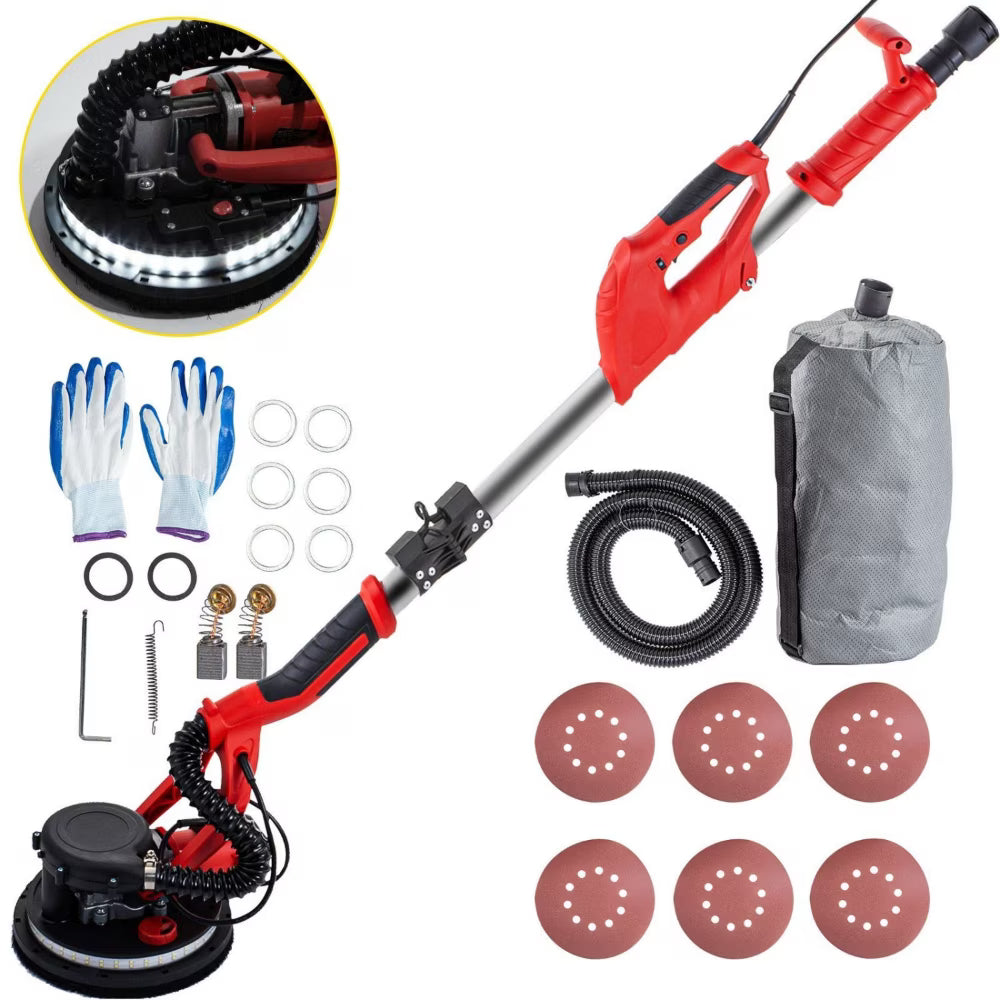 VEVOR Electric Drywall Sander 850W  Variable Speed 800-1750 RPM  Foldable Sheetrock Sander with Telescope Handle  LED Strip Light  Vacuum Bag  Wall Sander for Professional Use