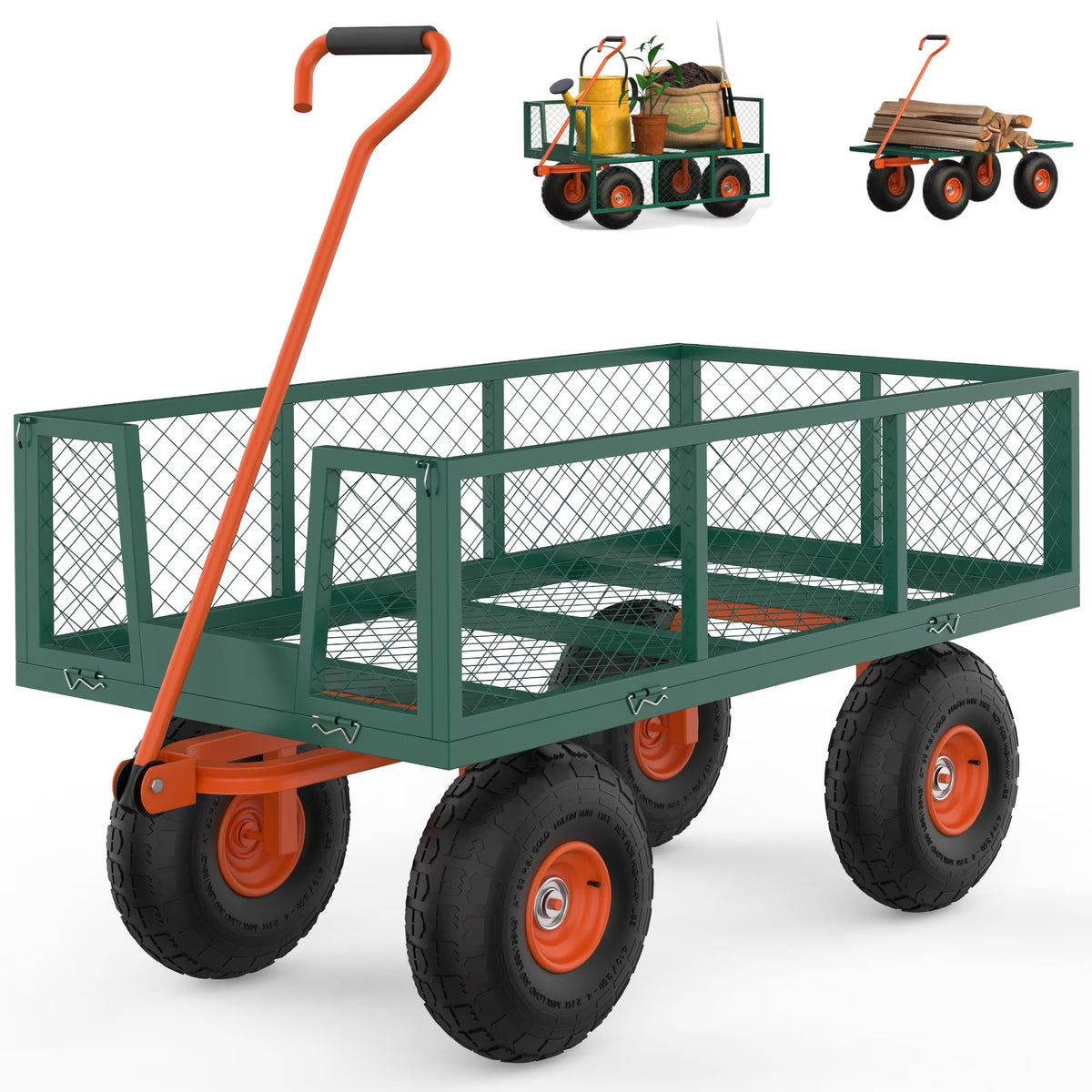 Heavy Duty Steel Garden Cart, Garden Wagon Cart on Wheels, Outdoor Metal Yard Utility Wagon Carts  w/Adjustable Handle & Removable Sides(Convert to Flatbed)