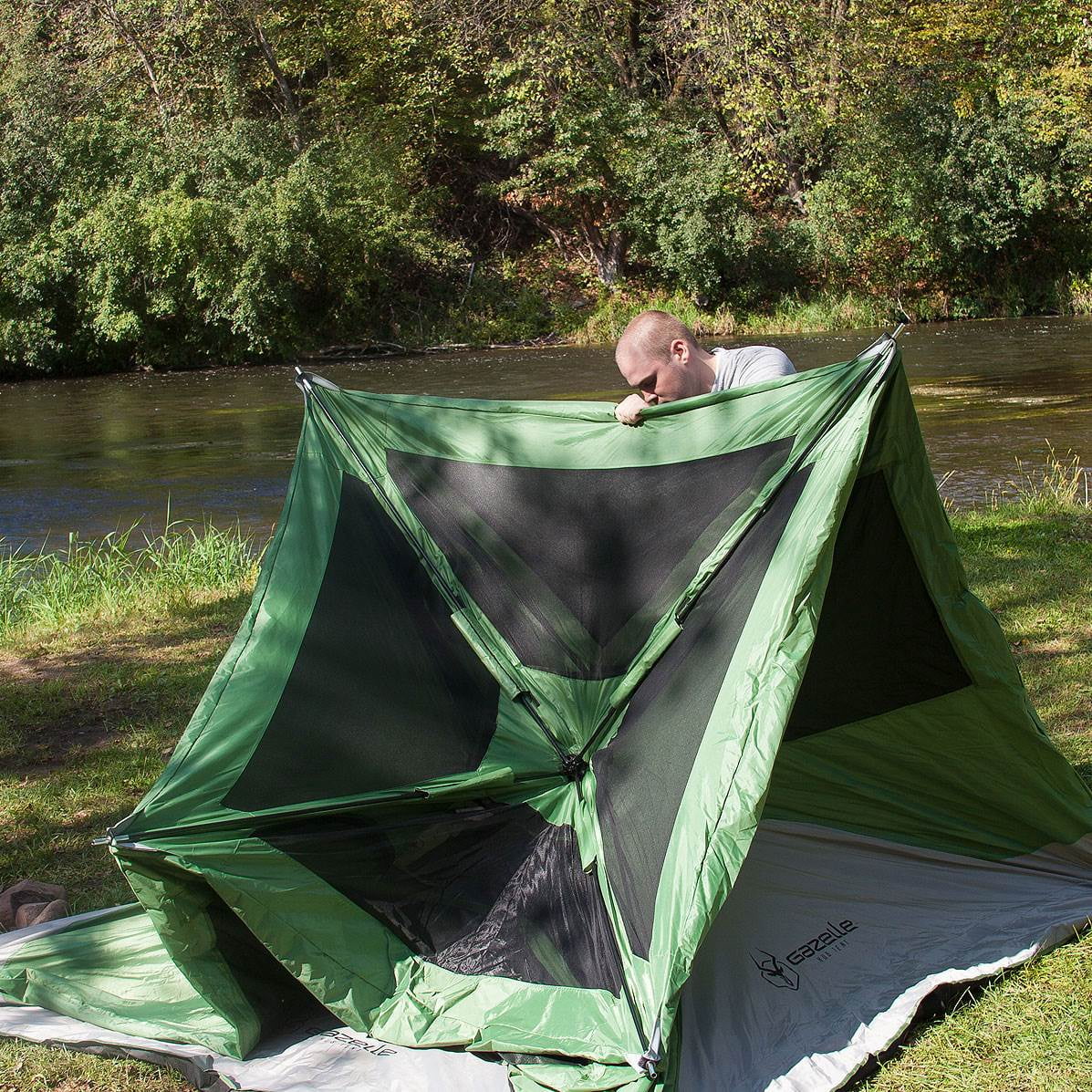 Gazelle Tents T4 8' Heavy Duty Pop Up Hub 4 Person Outdoor Camping Tent, Green