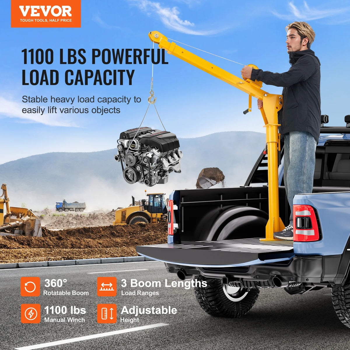 VEVOR Pickup Truck Crane, Folding Truck-Mounted Bed Crane with 1100 lbs Manual Winch, Steel Pickup Truck Jib Crane Hoist 360 Degrees Swivel for Lifting Goods in Construction, Forestry, and Factory