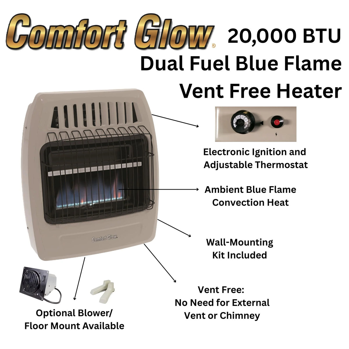 Comfort Glow Blue Flame Vent-Free 30,000 BTU Gas Wall Heater, Natural Gas/LP - CGS379
