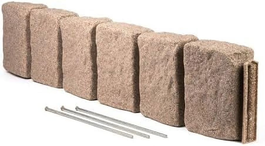 Beuta Landscape Edging | Garden Edging Border | Faux Stone Block XL for Lawn Edging, Flower Beds & Yard Edging 1 Pack | Each Section Has 6 Blocks 48" L x 4" W x 9.5" H | 3 Spikes | Sandstone
