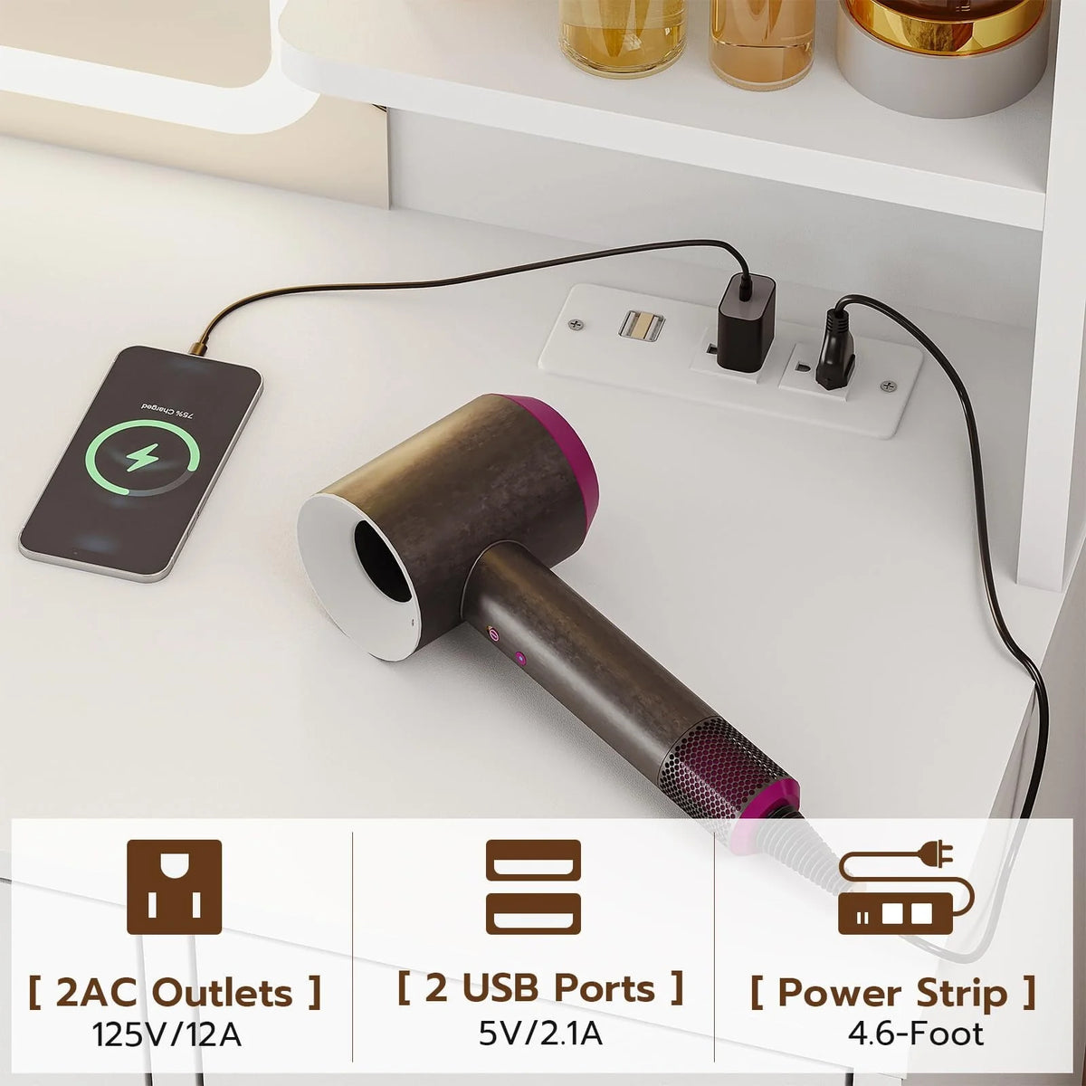 Tiptiper Large Vanity Desk with Lighted Mirror, 5 Drawers Makeup Vanity with Charging Station and Smart Mirror, Time Temperature Display, White