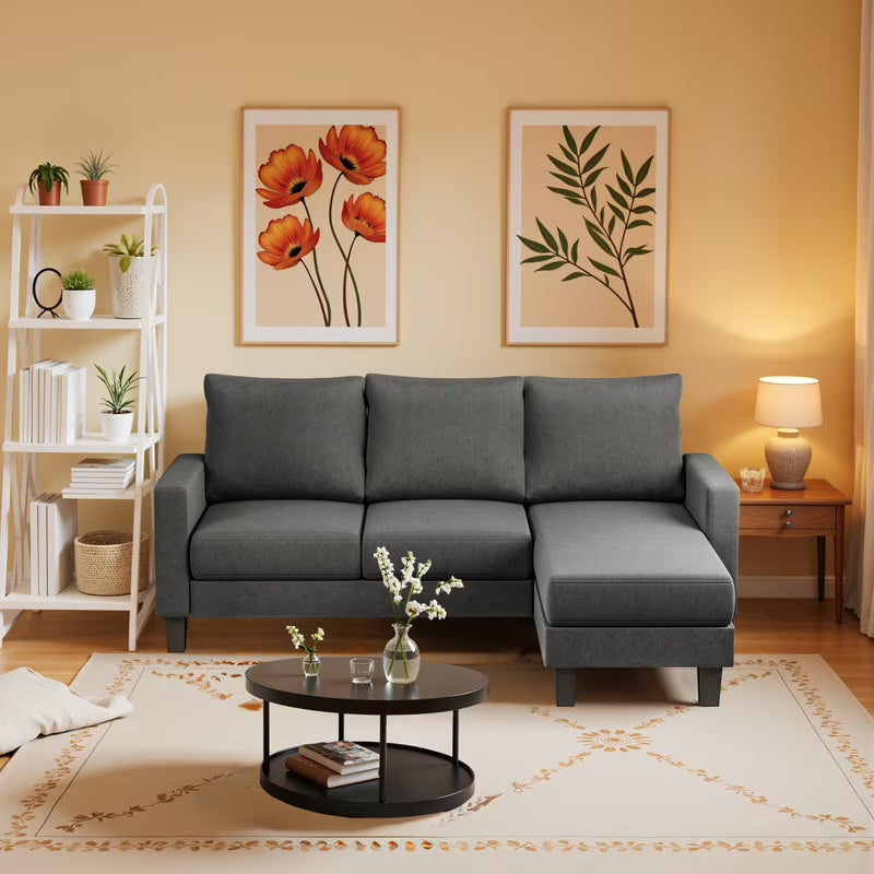 Homall Convertible Sectional Sofa Couch, Modern Linen Fabric L-Shaped Couch 3-Seat Sofa Sectional with Reversible Chaise for Small Living Room, Apartment and Small Space, Dark Gray
