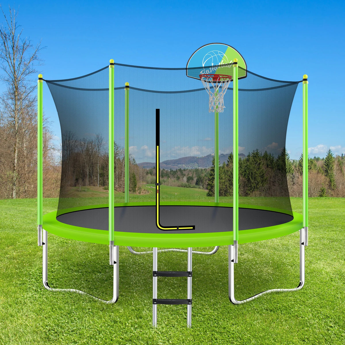 Noble House 8FT Outdoor Trampoline for Kids with Safety Enclosure Net, Basketball Hoop & Ladder, Blue