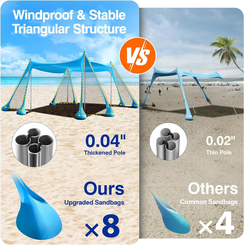 Rhino Valley Beach Tent Sun Shelter, Beach Canopy Tent Sun Shade U PF 50+ Protection with 8 Sandbags 4 Stability Poles, Outdoor Beach Shade Canopy for Beach, Camping, Fishing