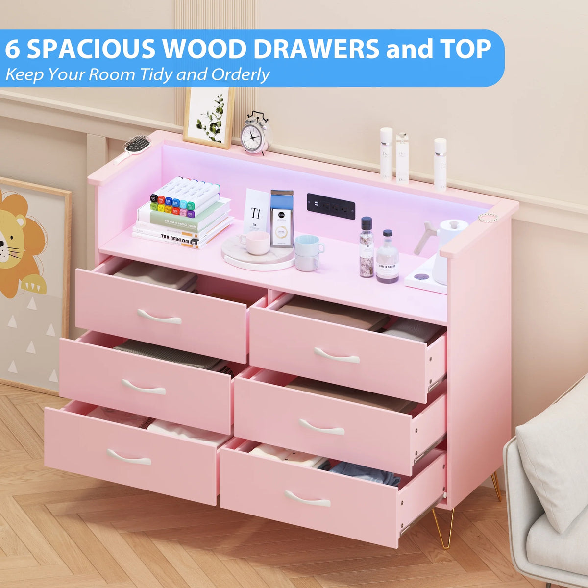 Garvee Dresser for Bedroom 6 Drawer with LED Light & Charging Station, Wooden Dressers and Chests of Drawers with 2-Tier Open Shelves, Wide Dresser Organizer for Living Room Hallway Entryway, Pink
