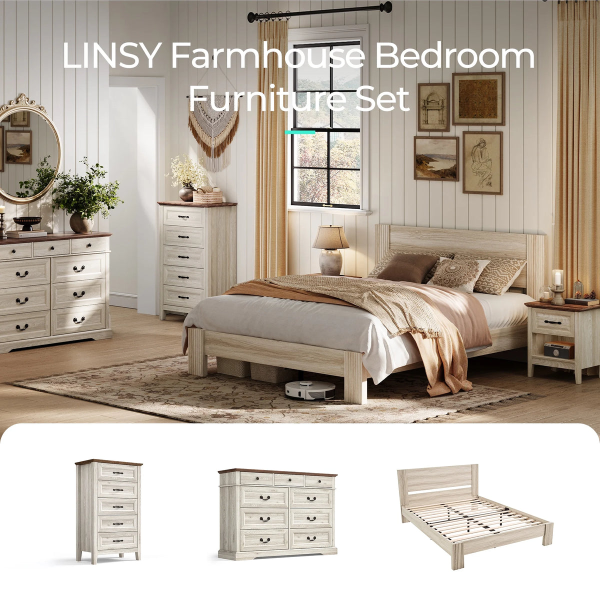 Linsy Home Nightstand for Bedroom set of 2 with Charging Station, Farmhouse End Tables for Living Room set of 2 with Drawer, Beige