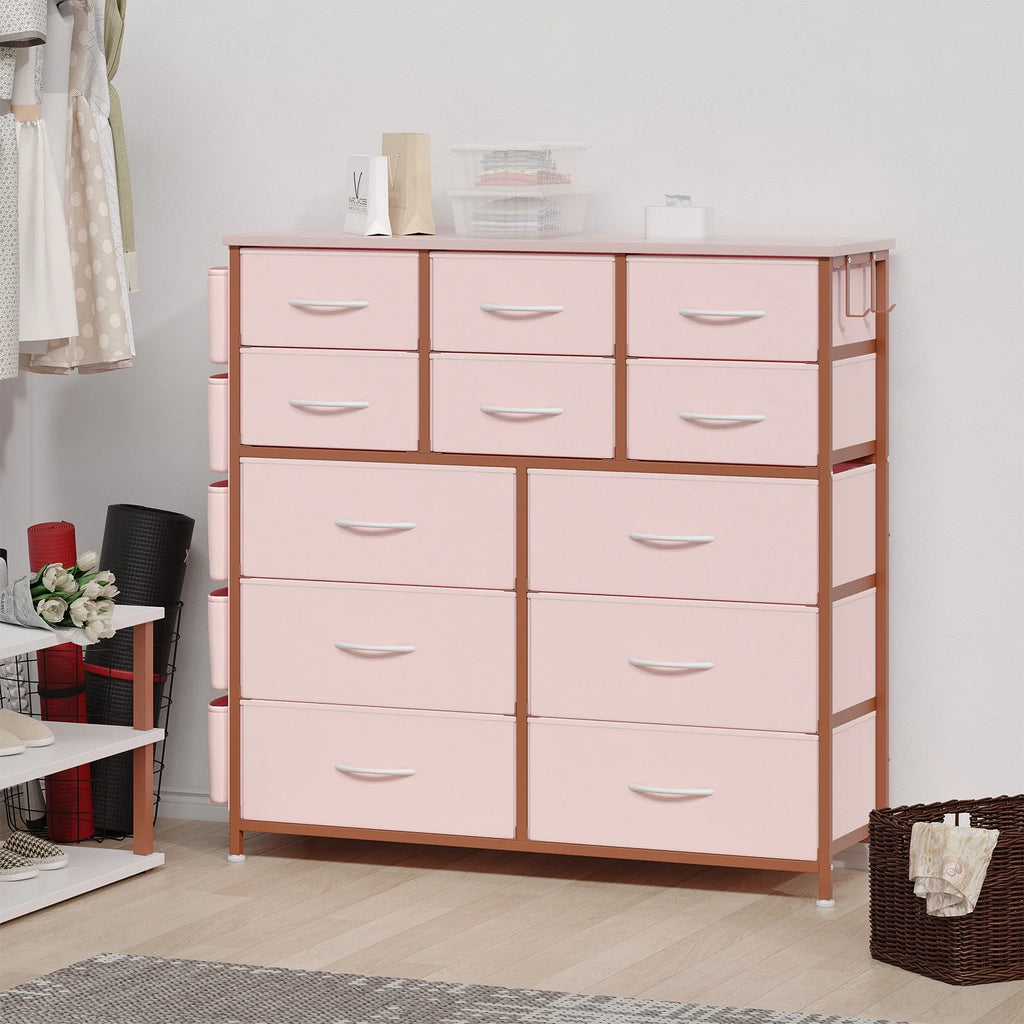 KATIDAP Dresser for Bedroom with 12 Drawer, Dressers & Chests of Drawers for Hallway, Entryway, Storage Organizer Unit with Fabric, Sturdy Metal Frame, Wood Tabletop, Easy Pull Handle,Pink