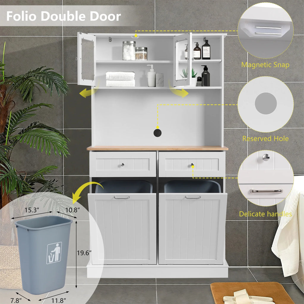 KIGOTY Dual Kitchen Trash Cabinet, Double Tilt Out Trash Can Cabinet with Countertop and Drawer, Free-Standing Pet Proof Recycling Cabinet Garbage Can Holder, Wood (White)