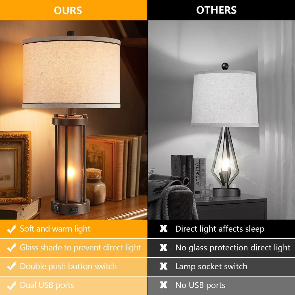 RORIA 24 Modern Living Room Table Lamp 2-Piece Set with 2 USB Charging Ports, Built-in White Frosted Glass with Night Light, Black Vintage Rustic Farmhouse Lamp for Bedroom Nightstand Lamps