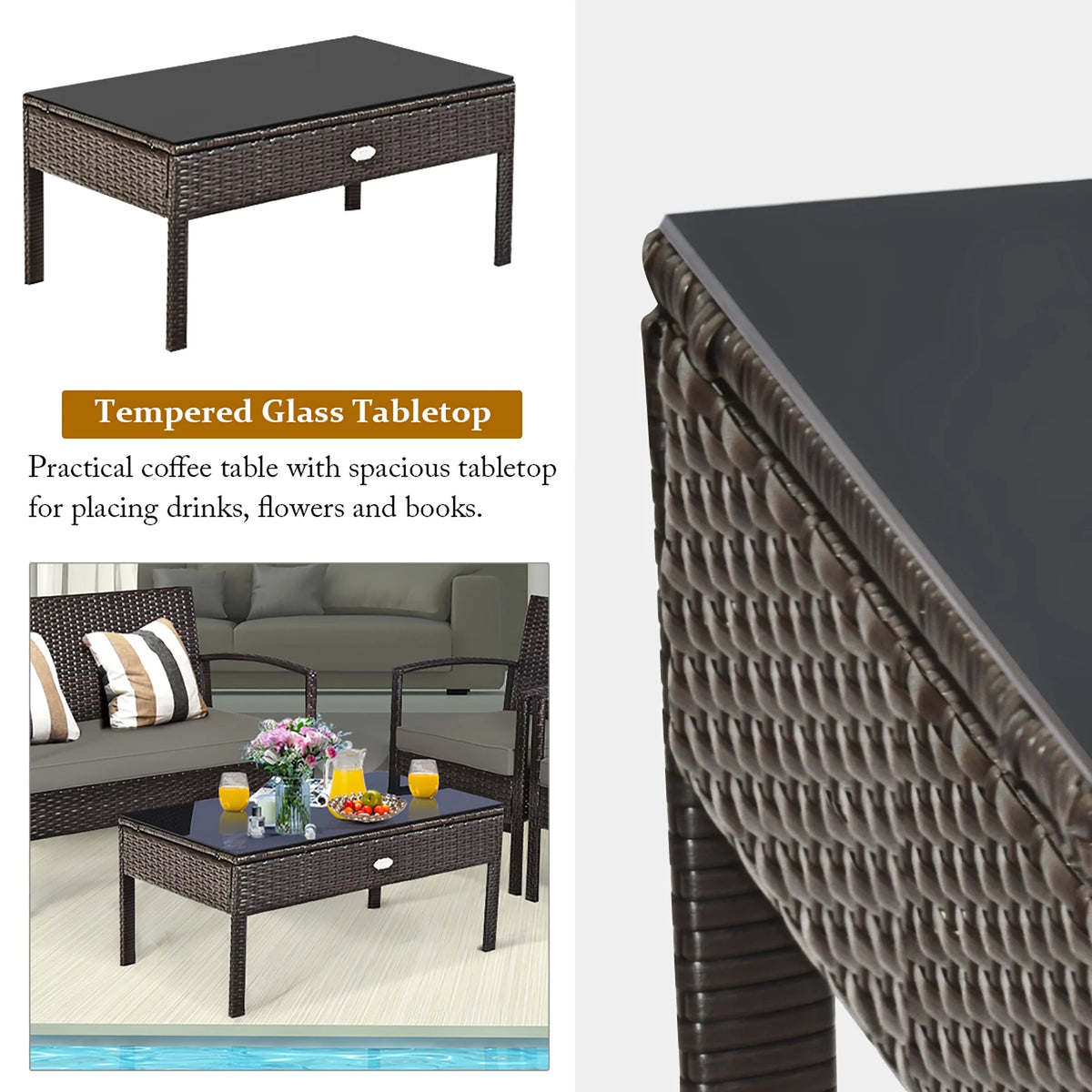 Costway 4PCS Patio Rattan Wicker Furniture Set Loveseat Sofa Cushioned Garden Yard Brown
