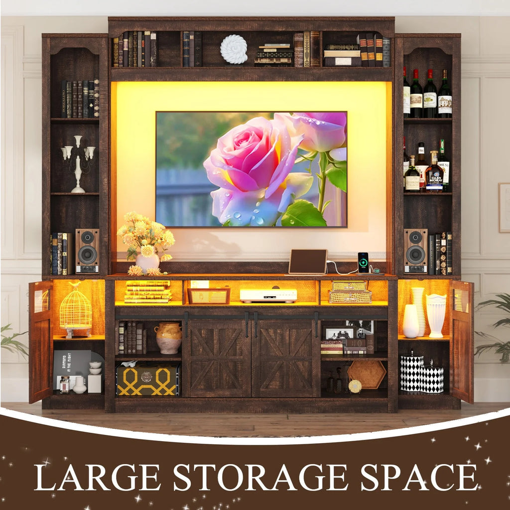 Farmhouse Wall Unit TV Stand with Storage for TVs up to 75", Large Entertainment Center with Bookshelves, LED Light & Power Outlet for Living Room