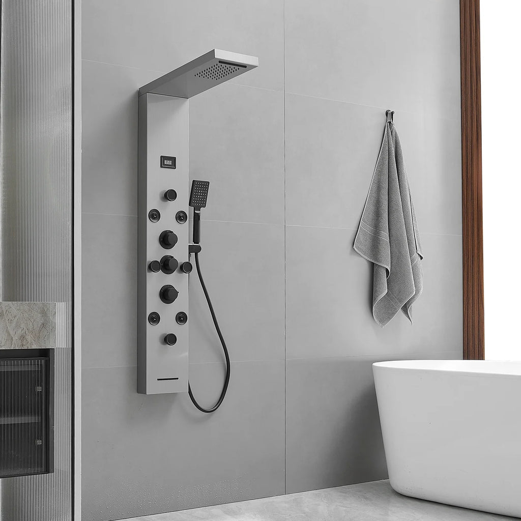 8-Jet Rainfall Shower Panel System with Rainfall Waterfall Shower Head and Shower Wand in chrome Nickel