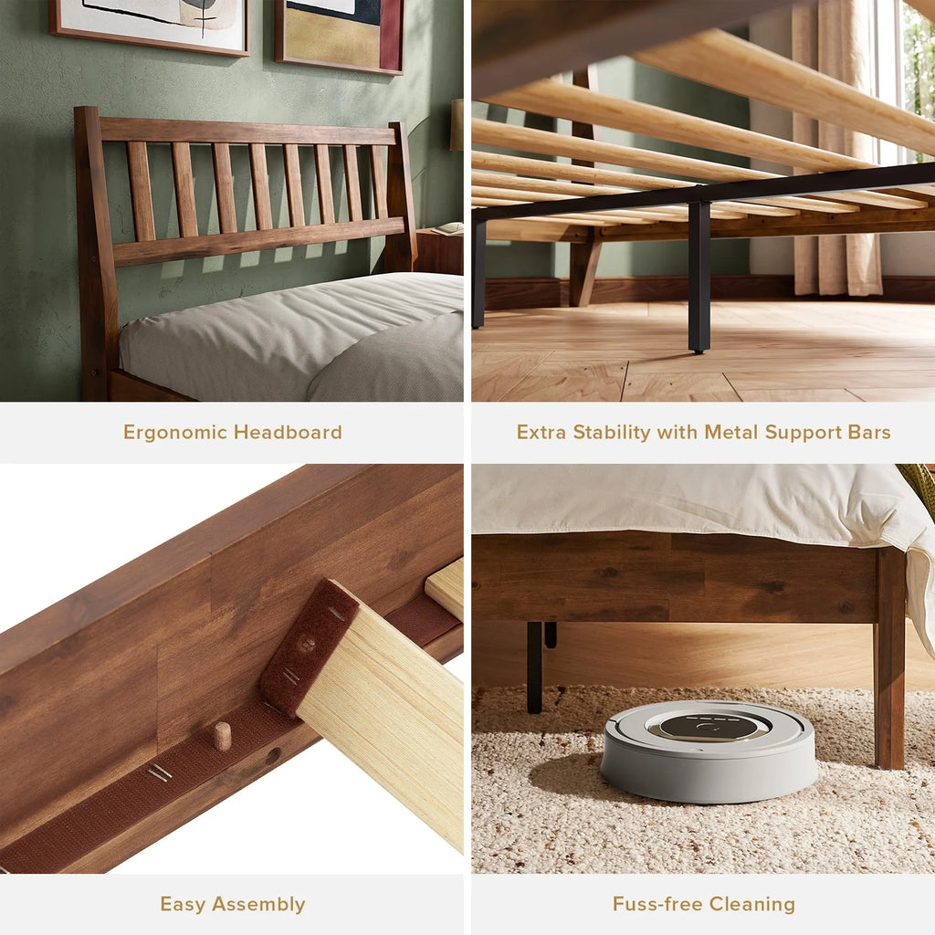 Mopio Ted Queen Bed Frame with Headboard, Full Size Bed Frame, Mid Century Modern Acacia Solid Wood Platform Bed Frame, Wooden Bed Slats, No Box Spring Needed, Double Metal Bar Support, Walnut