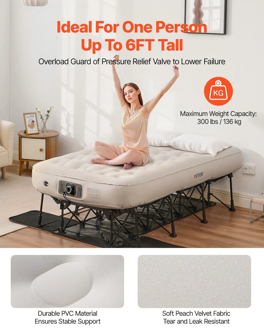 Air Mattress with Frame, Inflatable 1 Person Camping Cot with Built-in Pump, Portable Folding Air Beds Supports 300 lbs, Blow Up Anywhere Bed for Guests Camping Travel Indoor & Outdoor Use