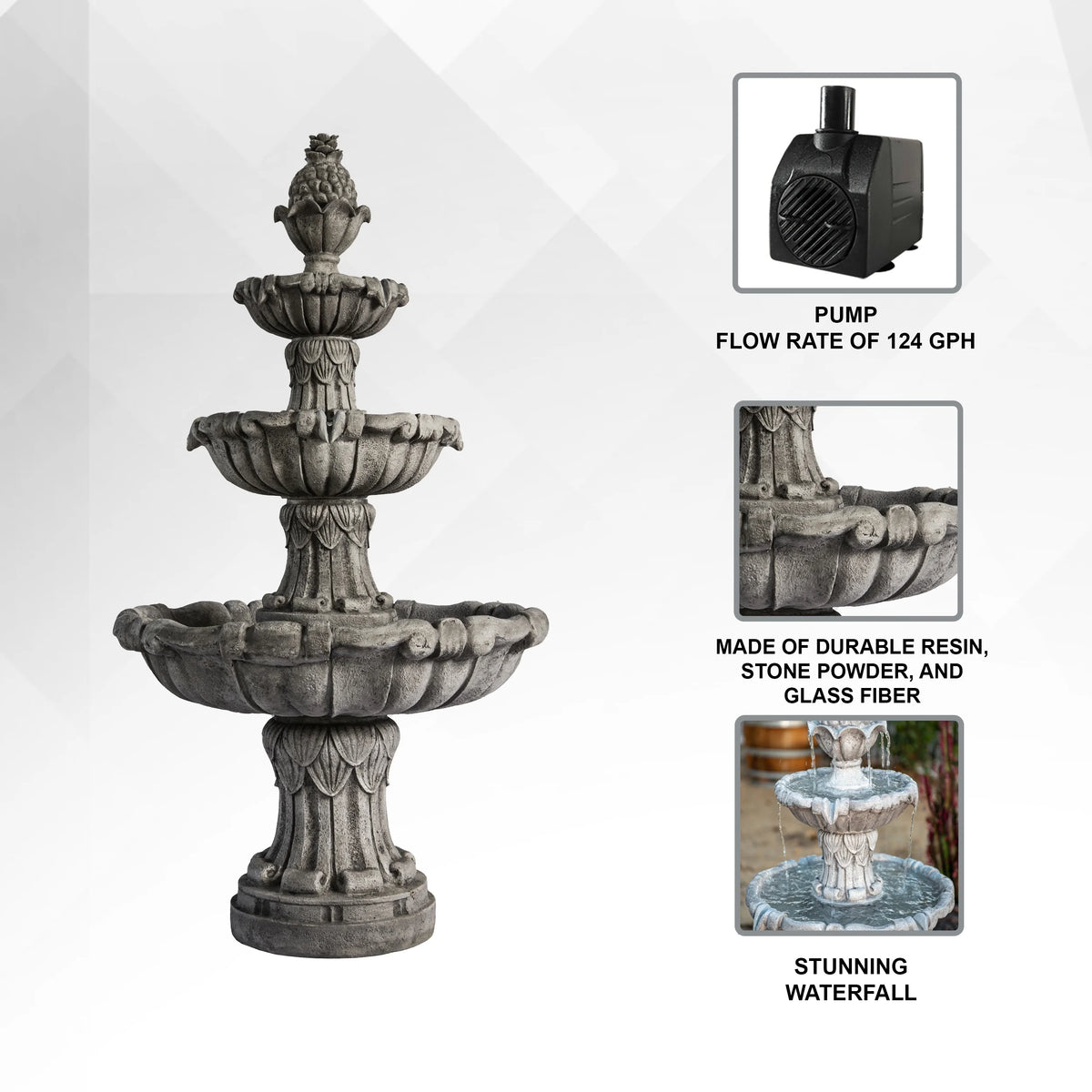 XBrand 58.3" 3-Tier Outdoor Freestanding Water Fountain - Classic Leaf Design, Large Bird Bath with Pump - Ideal for Yard, Lawn and Garden Dcor