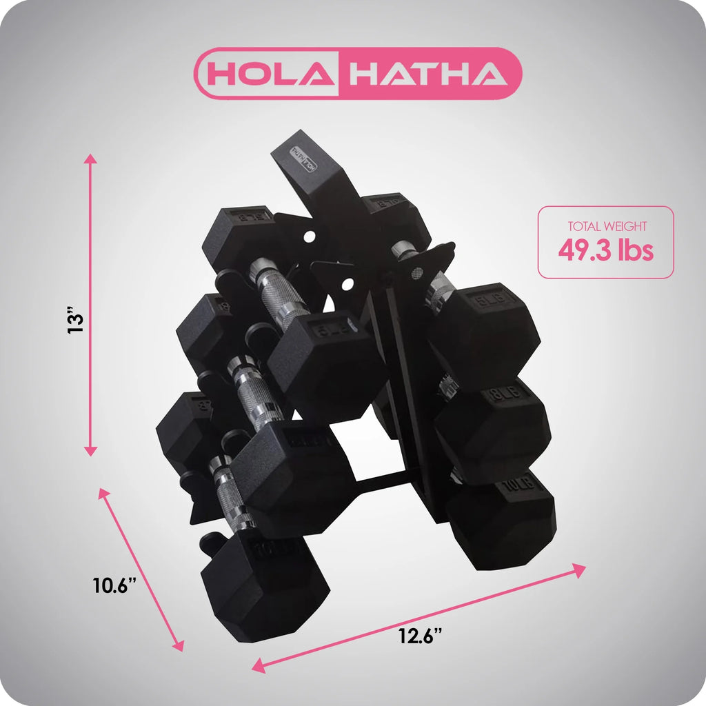 HolaHatha Hex Dumbbell with Rack, 5/10/15/20/25 lb (Black)