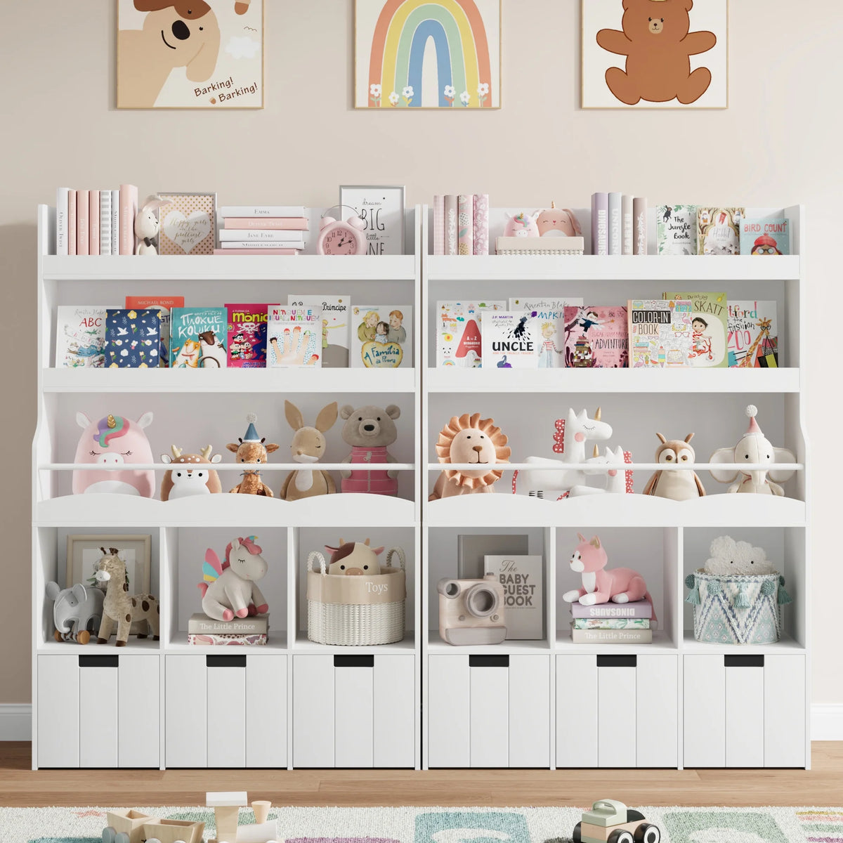 Homfa 55.5 H Kids Bookshelf with 2-Tier Book Shelves, Children Toy Organizer with 3 Cubes and Removable Drawers, White