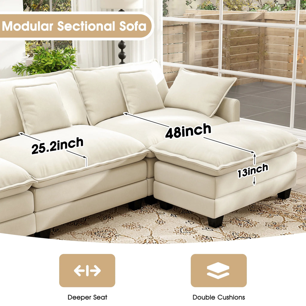 BedLuxury 111.5'' Modular Sectional Sofa with Movable Ottomans, U Shaped Cloud Couch for Living Room, 3-Seat, Beige