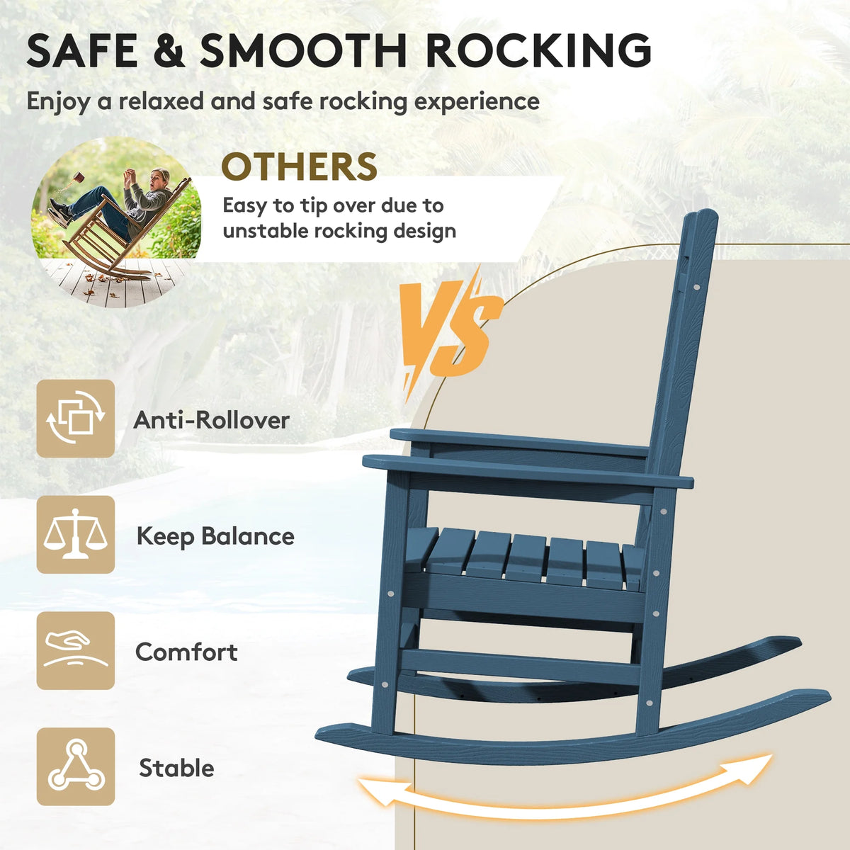 KINGYES Outdoor Rocking Chair Set of 2, HDPE Patio Rocking Chair, Heavy Duty Front Porch Rocker, Navy