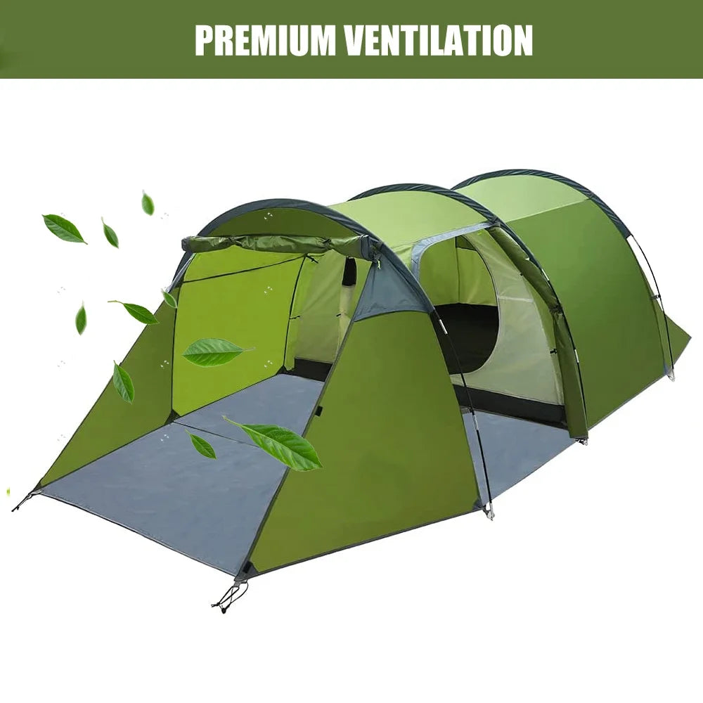 ASTRAEA 4 Person Tents for Camping, Waterproof Camping Tunnel Tent with 2 Divided Rooms for Bikepacking Motorcycle Travel Hiking Mountaineering, Green