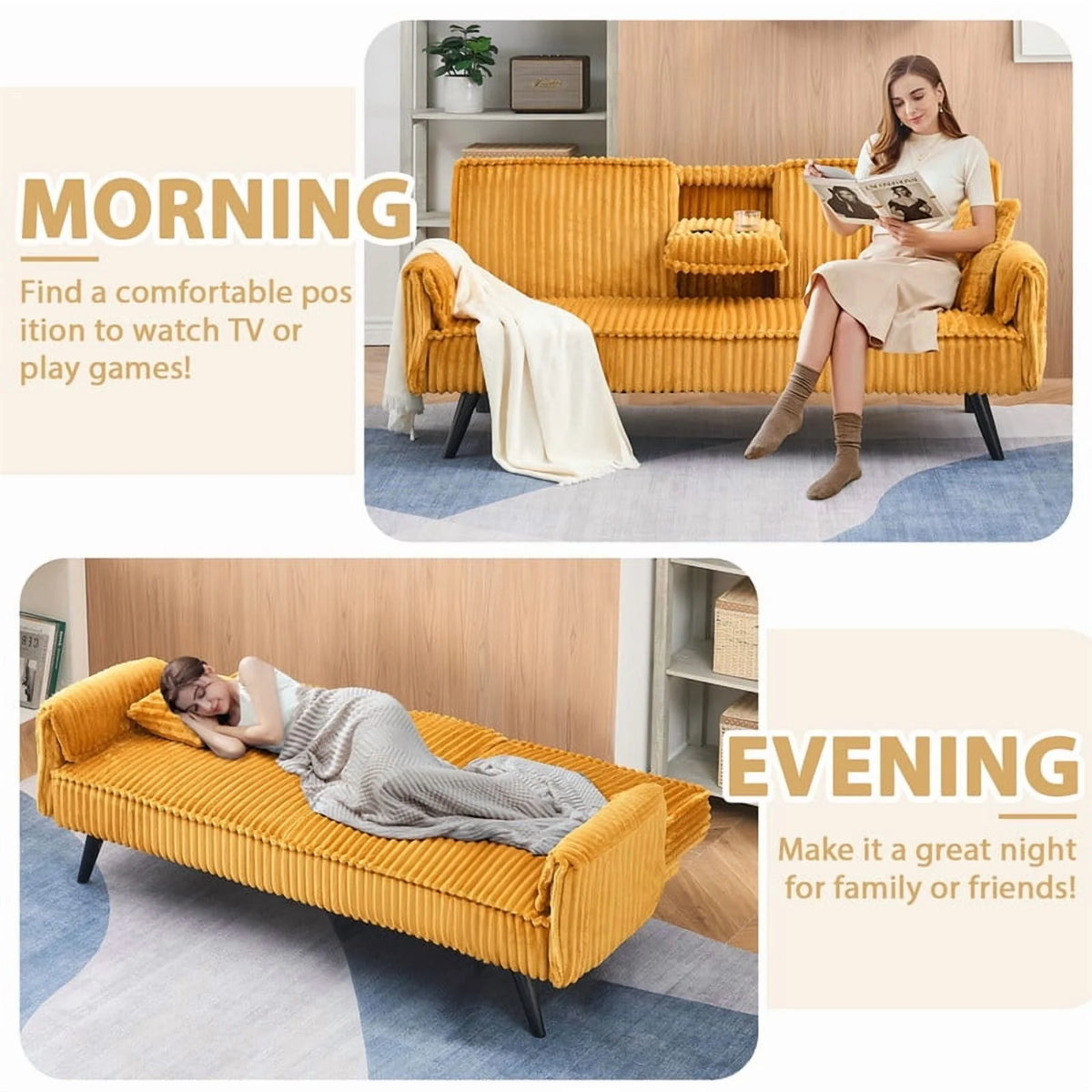 FFH Modern Corduroy Futon Sofa Bed with Adjustable Backrest,Convertible Loveseat Sleeper,Soft Couch with Drop-Down Table and Cup Holder for Living room,Pink