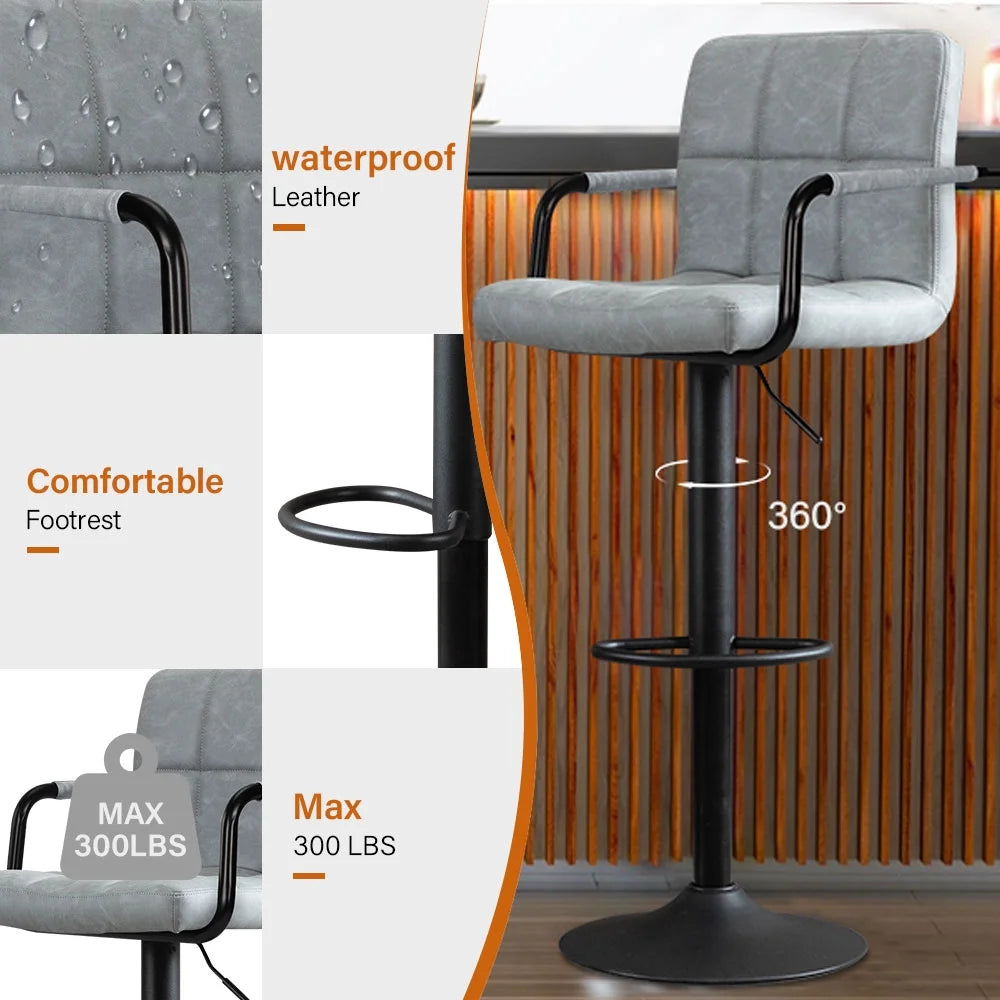 JONPONY Bar Stools Set of 2, Back and Armrest,Vintage Leather Modern Bar Chairs for Home and Kitchen Counter,Black,Low Back