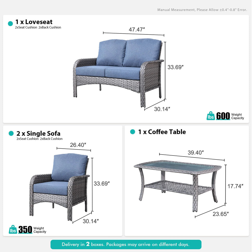 Vcatnet 4 Pieces Outdoor Patio Furniture All-weather Wicker Conversation Set with Coffee Table for Garden,Poolside,Gray