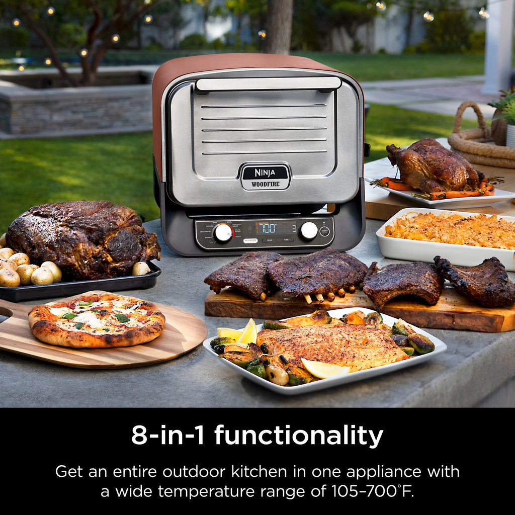 Ninja Woodfire? Pizza Oven, 8-in-1 outdoor oven, 5 Pizza Settings, Ninja Woodfire? Technology, up to 700F heat, BBQ smoker, electric