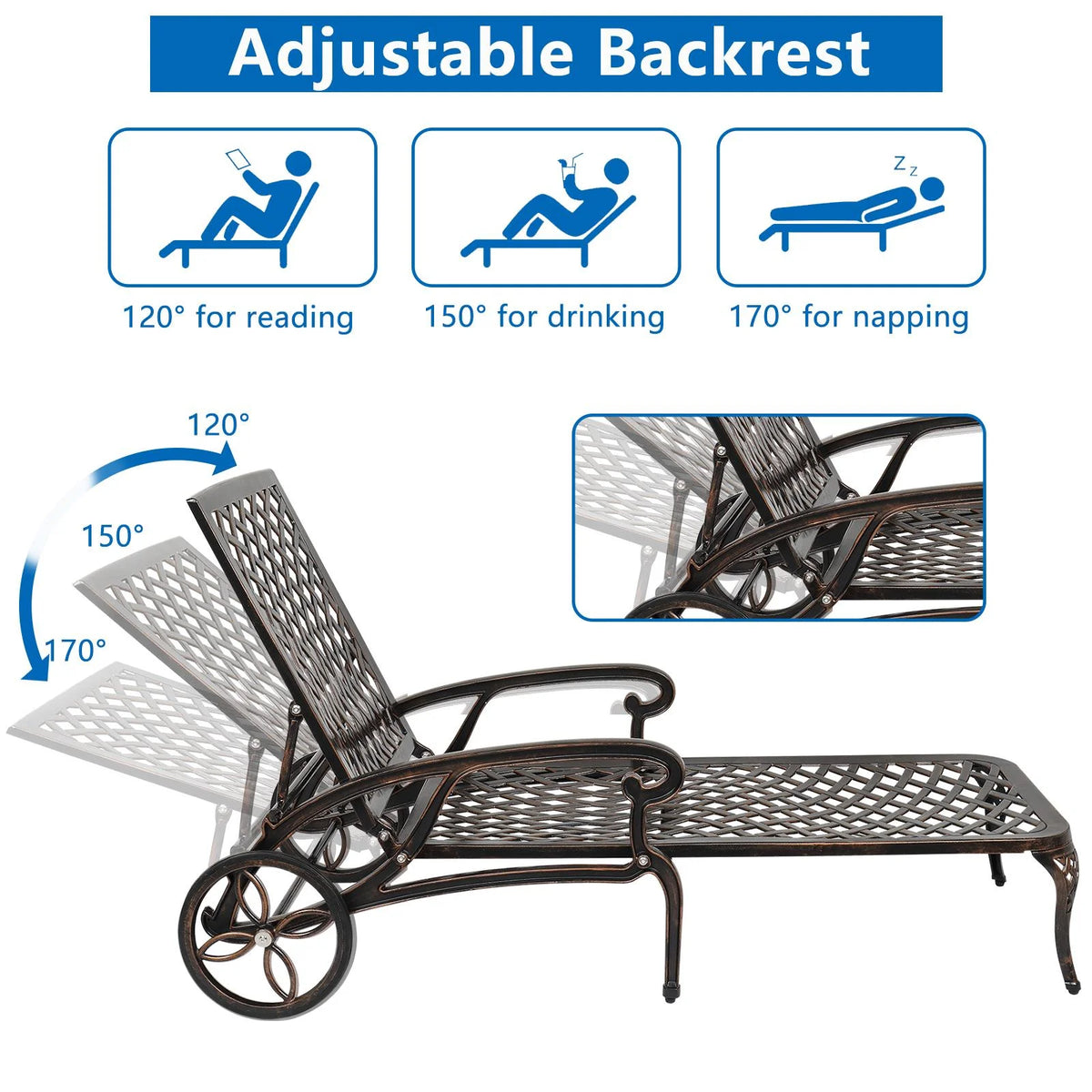 Zimtown Cast Aluminum Lounge Chair Adjustable Patio Recliner, Patio Chaise Chair, Heavy Duty Lying Bed for Garden, Poolside, Yard, Lawn, Black