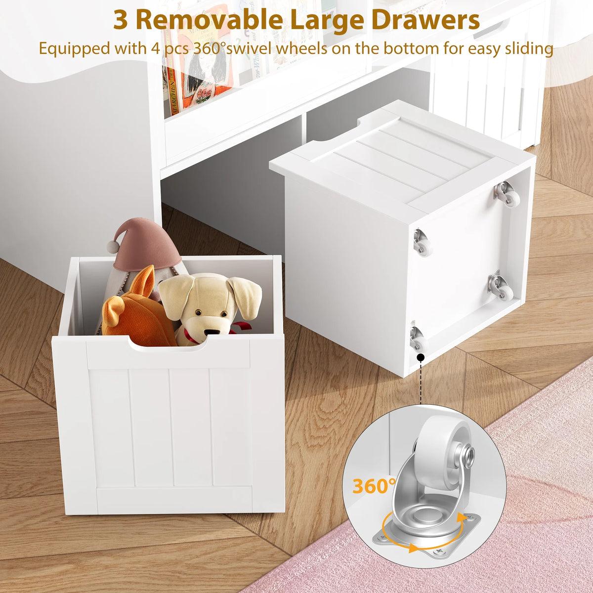 Homfa 6 Cube Toy Storage, Cube Organizer with Sliding Rack, 3 Drawer Kids Bookcase and Bookshelf, White
