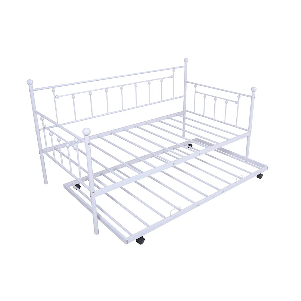 BTMWAY Twin Daybed with Trundle Included, Metal Daybed Frame with Pull Out Trundle Bed, No Box Spring Needed, Twin Size Daybed Sofa Bed for Kid's Room Bedroom, Each Bed Holds 400lb, White